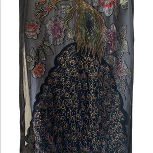 Woman’s Colorful Peacock Floral Black Shawl Scarf Wrap Velvet Fringe 20x78”